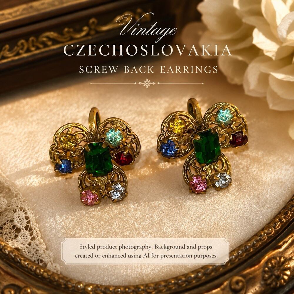 Vintage Czech Czechoslovakia Filigree Glass Rhinestone Screw Back Earrings